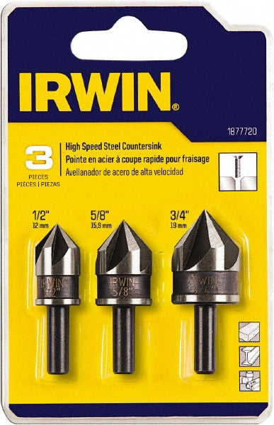 Irwin 1877720 Countersink Set 3 Pc, 1/2 to 3/4" Head Dia, 5 Flute, 82 ° Included Angle