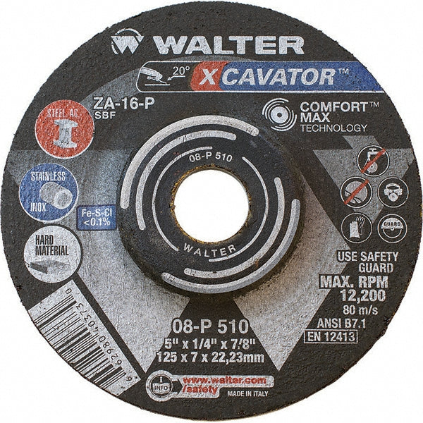 WALTER Surface Technologies 08P510 Depressed Grinding Wheel Type 27, 5" Dia, 1/4" Thick, 7/8" Hole, Aluminum Oxide