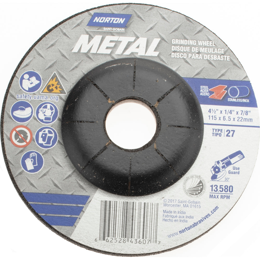 Norton 66252843607 Depressed Center Wheel Type 27, 4-1/2" Dia, Aluminum Oxide