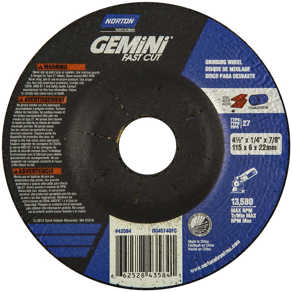 Norton 66252843584 Depressed Center Wheel Type 27, 4-1/2" Dia, Aluminum Oxide