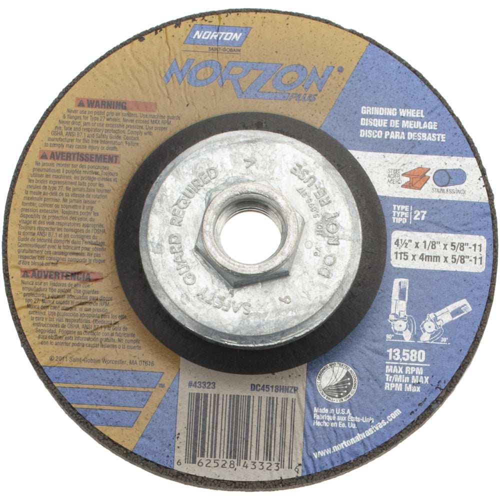 Norton 66252843323 Depressed Center Wheel Type 27, 4-1/2" Dia, Ceramic