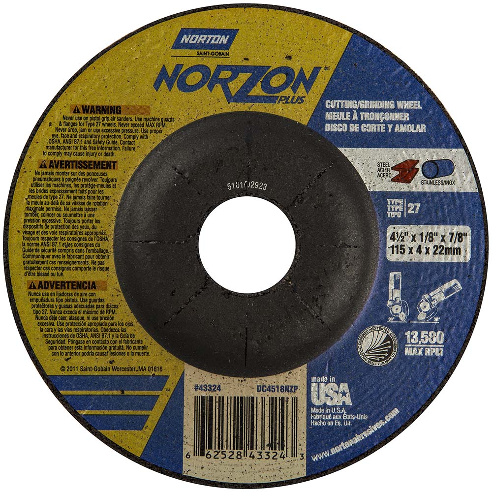 Norton 66252843324 Depressed Center Wheel Type 27, 4-1/2" Dia, Ceramic