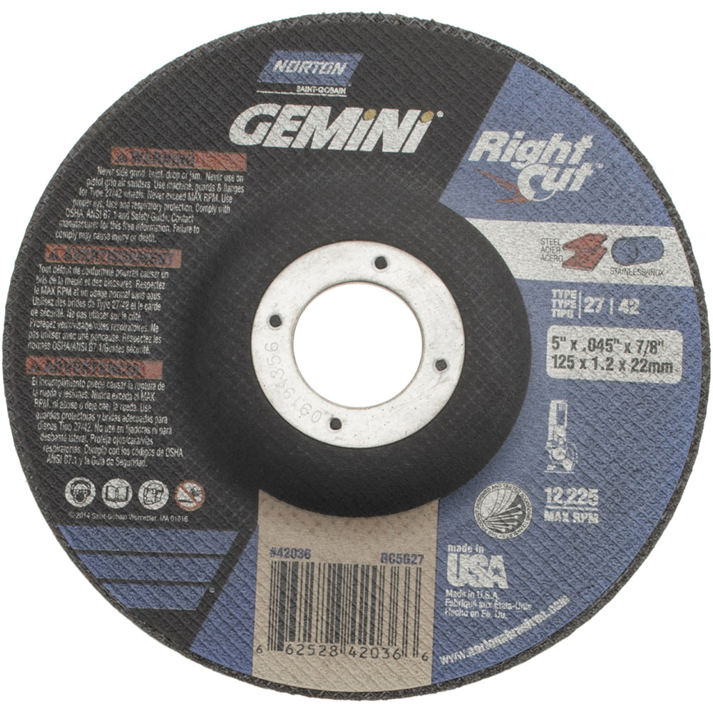 Norton 66252842036 Depressed Center Wheel Type 27, 5" Dia, 0.045" Thick, Aluminum Oxide