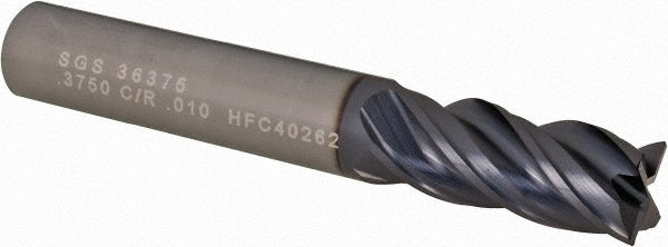 Kyocera SGS Precision Tools 36375 Corner Radius End Mill 3/8" Dia, 7/8" LOC, 0.0100" Radius, 4 Flute, Solid Carbide