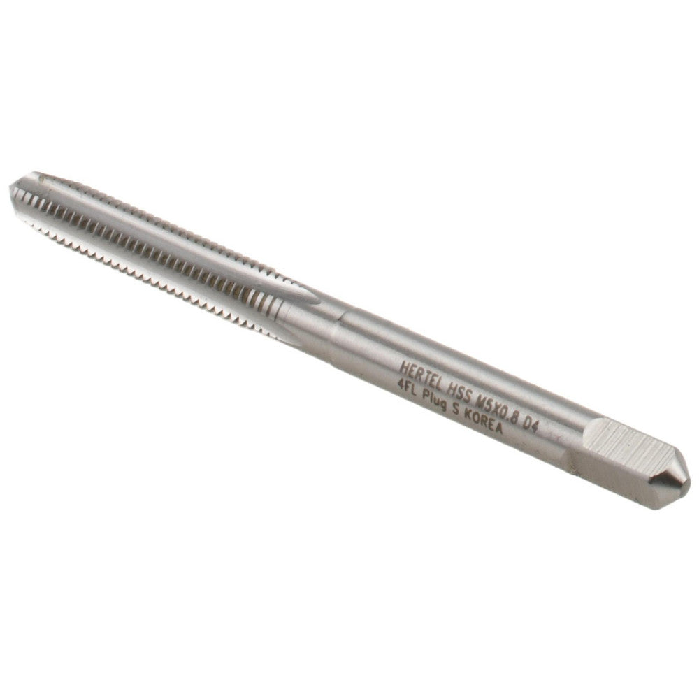 Hertel K029046AS Straight Flute Tap M5x0.8 Metric Coarse, 4 Flute, Plug Chamfer, 6H Class of Fit, High-Speed Steel, Bright/Uncoated Finish