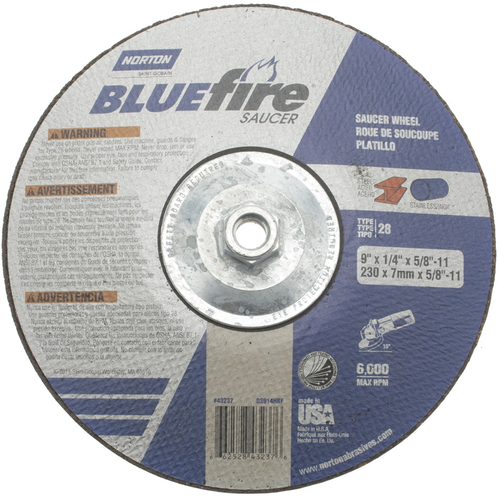 Norton 66252843237 Depressed Center Wheel Type 27, 9" Dia, Zirconia Alumina