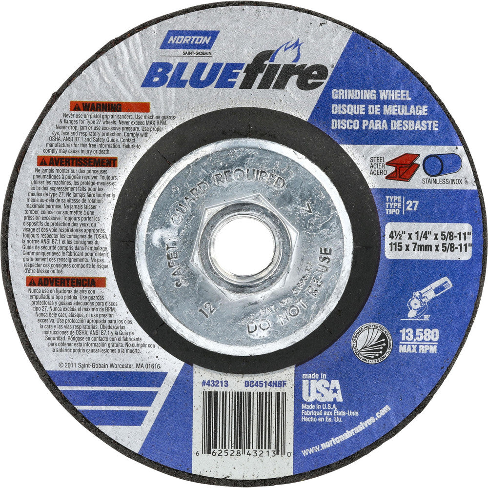 Norton 66252843213 Depressed Center Wheel Type 27, 4-1/2" Dia, Zirconia Alumina