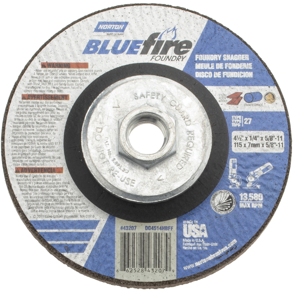 Norton 66252843207 Depressed Grinding Wheel Type 27, 4-1/2" Dia, 1/4" Thick, Zirconia Alumina & Silicon Carbide