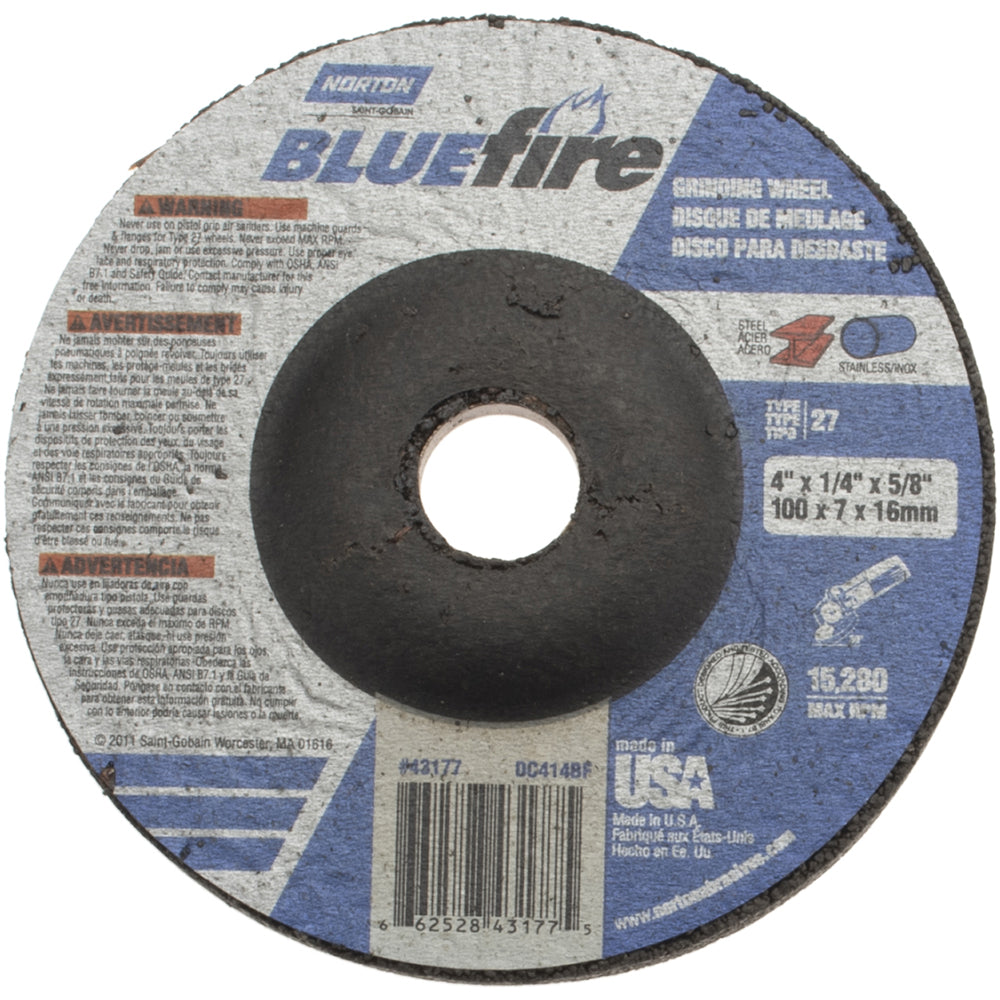 Norton 66252843177 Depressed Grinding Wheel Type 27, 4" Dia, 1/4" Thick, 5/8" Hole, Zirconia Alumina