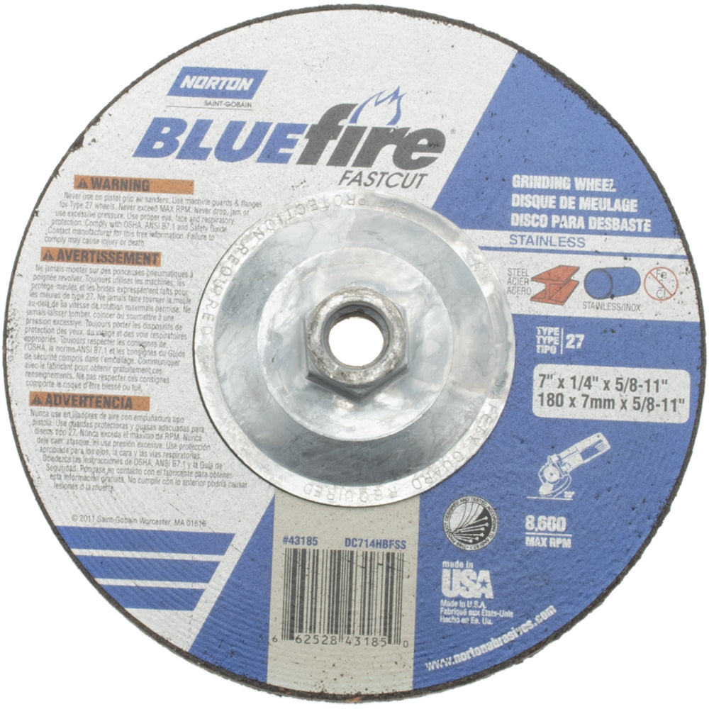 Norton 66252843185 Depressed Center Wheel Type 27, 7" Dia, Zirconia Alumina
