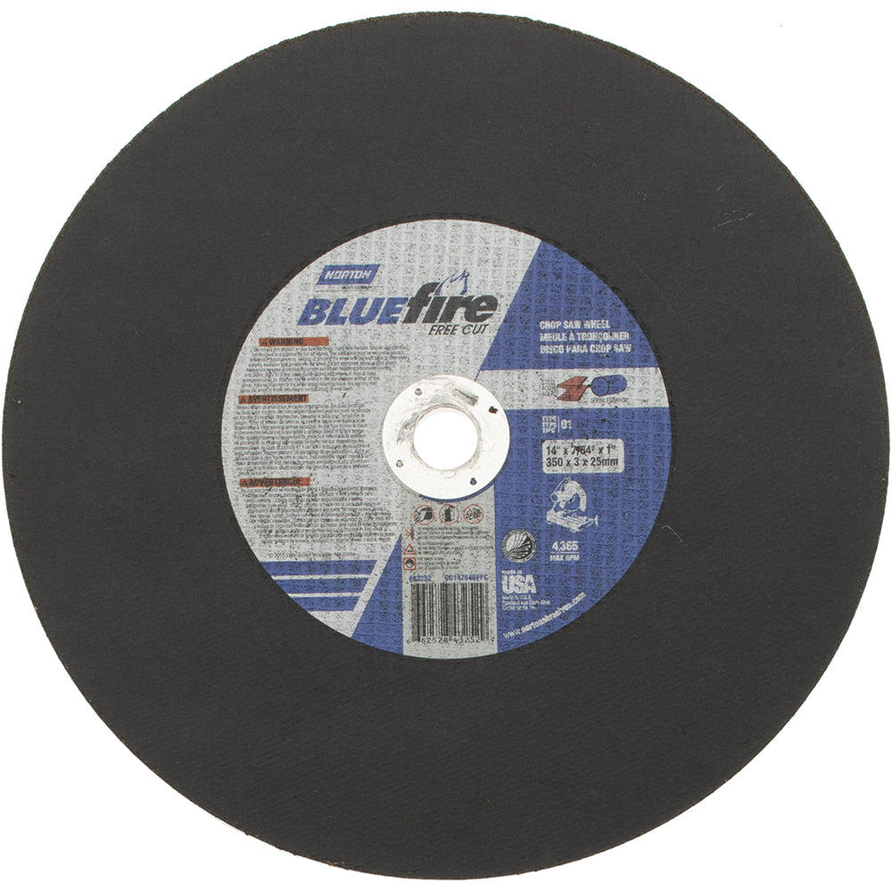 Norton 66252843252 Cut-Off Wheel Type 1, 14" Dia, 7/64" Thick, 1" Hole, Zirconia Alumina