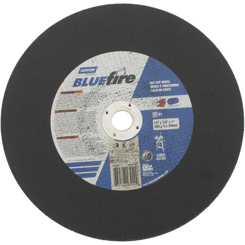 Norton 66252843249 Cut-Off Wheel Type 1, 12" Dia, 1/8" Thick, 1" Hole, Zirconia Alumina