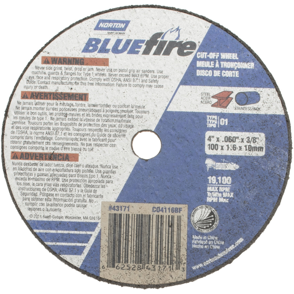 Norton 66252843171 Cut-Off Wheel Type 1, 4" Dia, 1/16" Thick, 3/8" Hole, Zirconia Alumina
