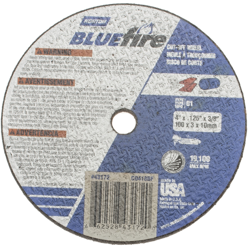 Norton 66252843172 Cut-Off Wheel Type 1, 4" Dia, 1/8" Thick, 3/8" Hole, Zirconia Alumina
