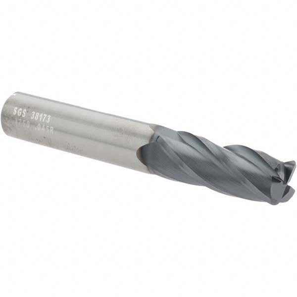Kyocera SGS Precision Tools 38173 Corner Radius End Mill 3/8" Dia, 1" LOC, 0.045" Radius, 4 Flutes, Solid Carbide