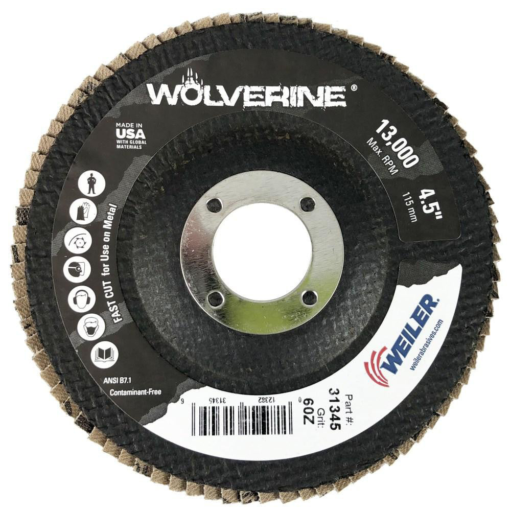 Weiler 31345 Flap Disc 4-1/2" Dia, 7/8" Hole, 60 Grit, Zirconia Alumina, Type 29