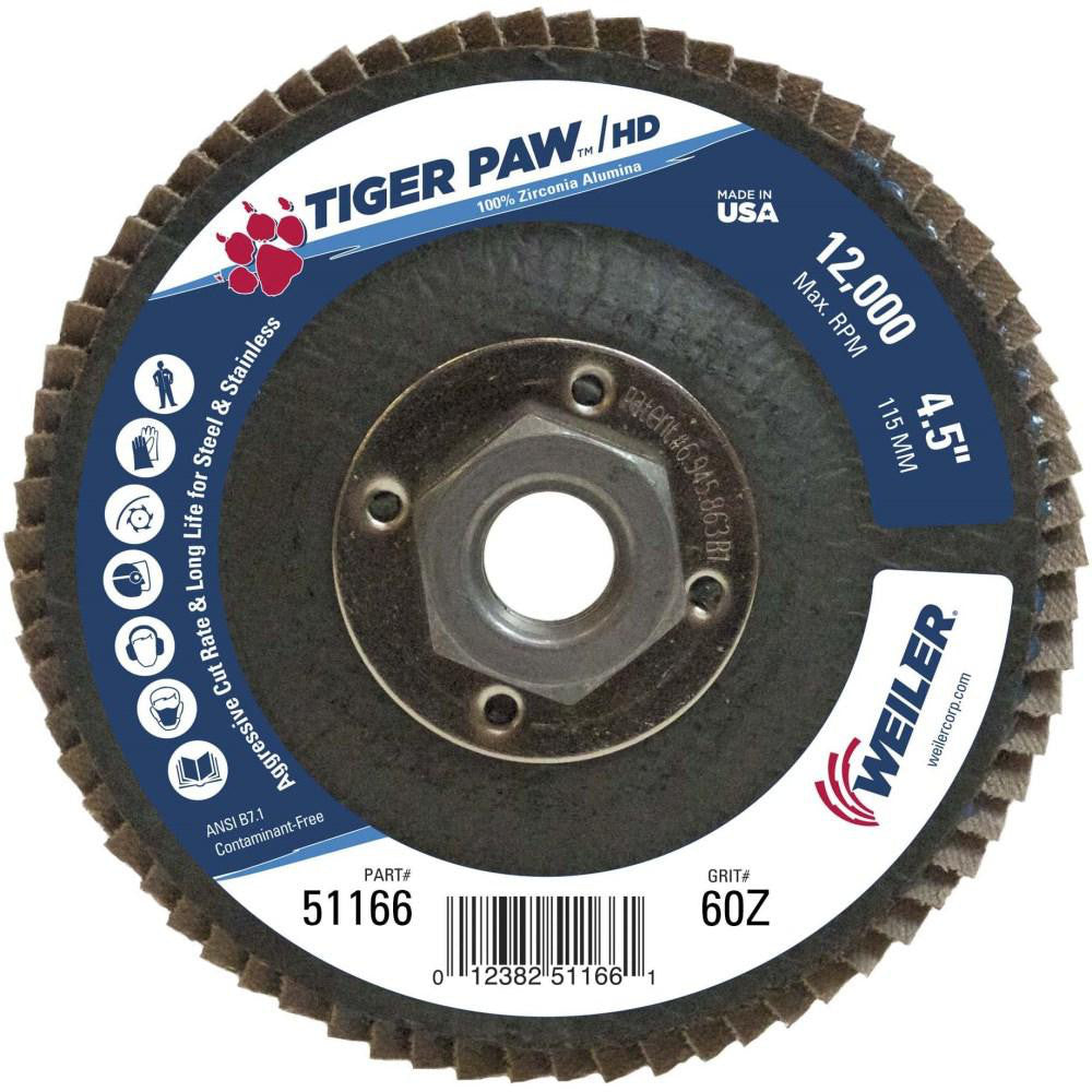 Weiler 51166 Flap Disc 4-1/2" Dia, 60 Grit, Zirconia Alumina, Type 27