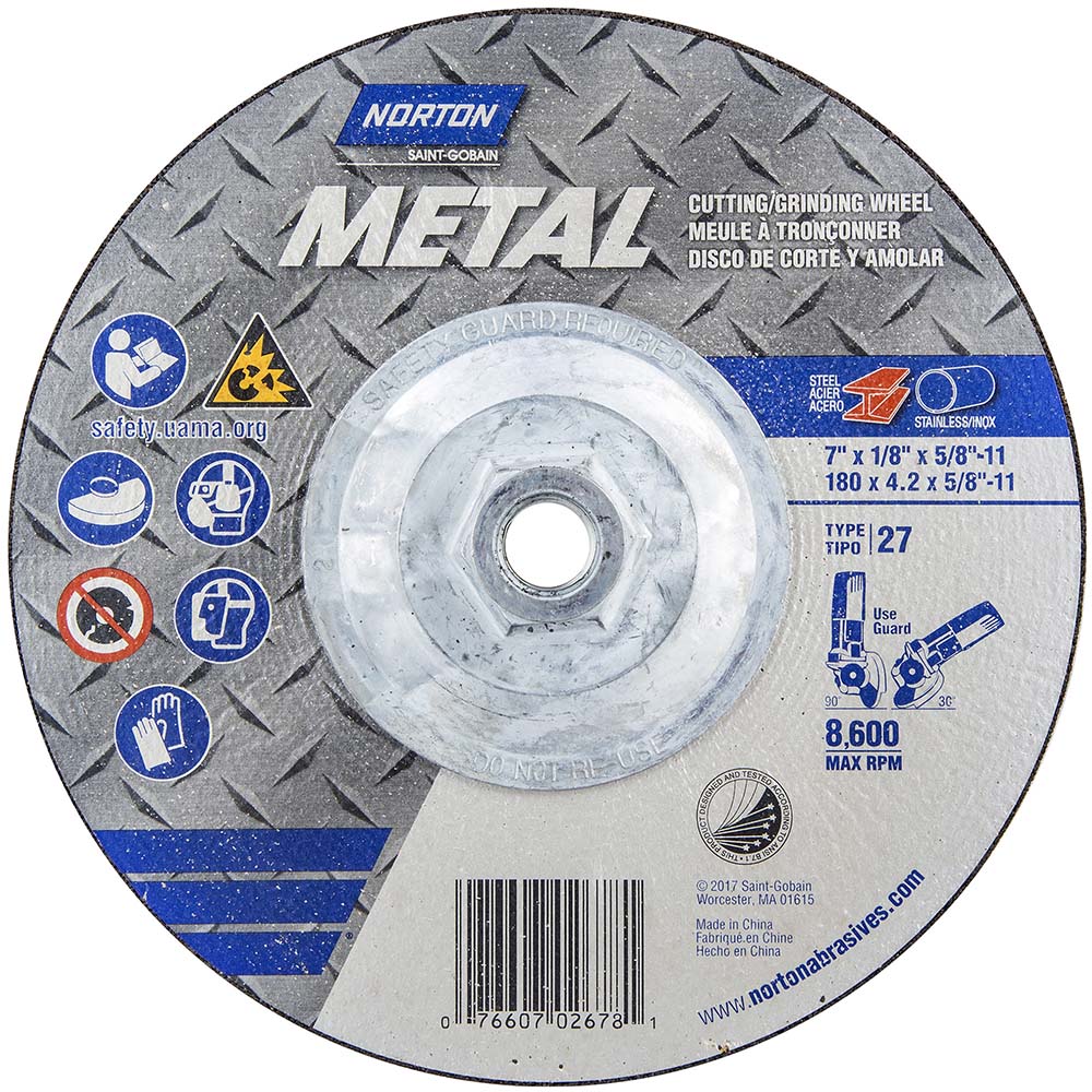 Norton 07660702678 Depressed Center Wheel Type 27, 7" Dia, 1/8" Thick, Aluminum Oxide