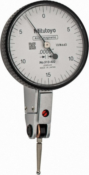 Mitutoyo 513-402-10E Horizontal Dial Test Indicator 0.0300" Max, 0-15-0 Dial Reading, 0.000500" Accuracy