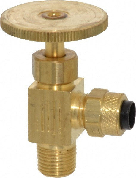 Parker NV312P-4-2 Needle Valve Angled, 1/4 x 1/8" Pipe, Poly-Tite to Male Pipe End, Brass Body