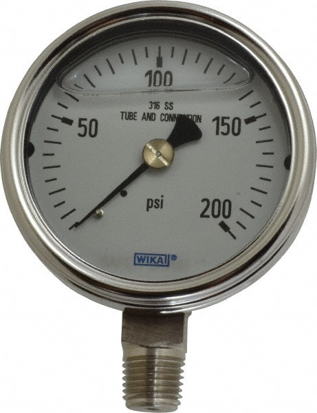 Wika 9831903 Pressure Gauge 2-1/2" Dial, 0 to 200 psi, 1/4" Thread, NPT, Lower Mount