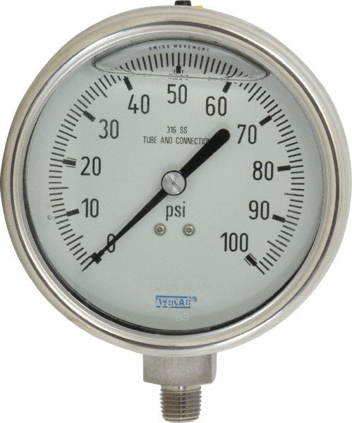 Wika 9832373 Pressure Gauge 4" Dial, 0 to 100 psi, 1/4" Thread, NPT, Lower Mount