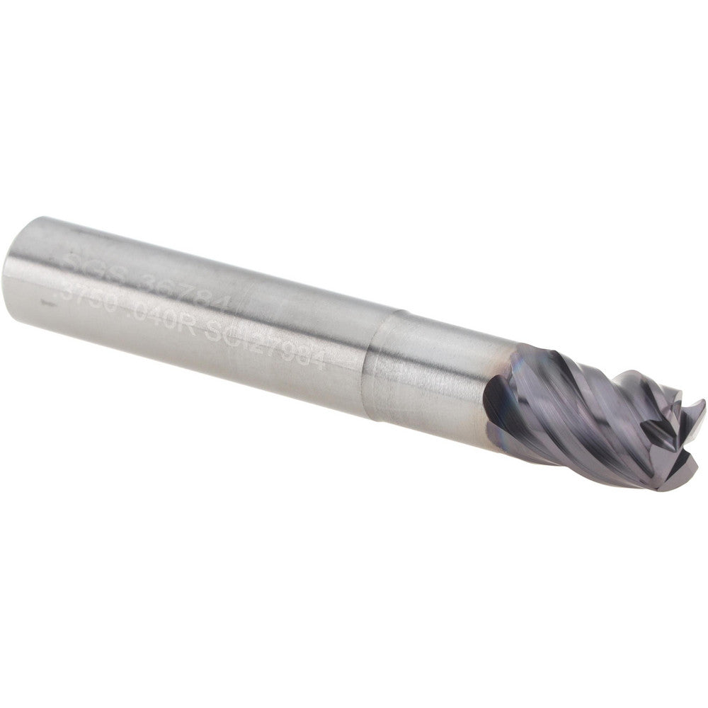 Kyocera SGS Precision Tools 36784 Corner Radius End Mill 3/8" Dia, 15/32" LOC, 0.0400" Radius, 4 Flute, Solid Carbide