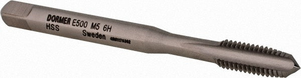 Dormer Pramet 5976878 Straight Flute Tap M5x0.8 Metric Coarse, 3 Flute, Plug Chamfer, 6H Class of Fit, HSS, Bright/Uncoated Finish