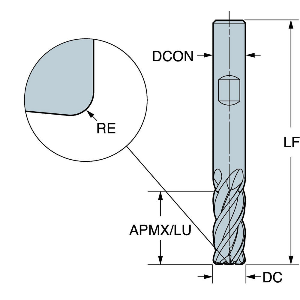 Sandvik Coromant 8352862 Corner Radius & Corner Chamfer End Mills Mill Diameter (Inch) 5/16 Mill Diameter (Decimal Inch) 0.3937 Mill Diameter (mm) 10.00 Number Of Flutes 4 Length of Cut (Inch) 3/4 Length of Cut (mm) 22.00