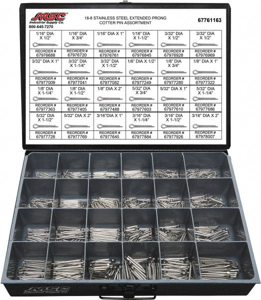 Value Collection 67761163 1,250 Piece, 1/16 to 3/16" Pin Diam, Extended Prong Cotter Pin Assortment