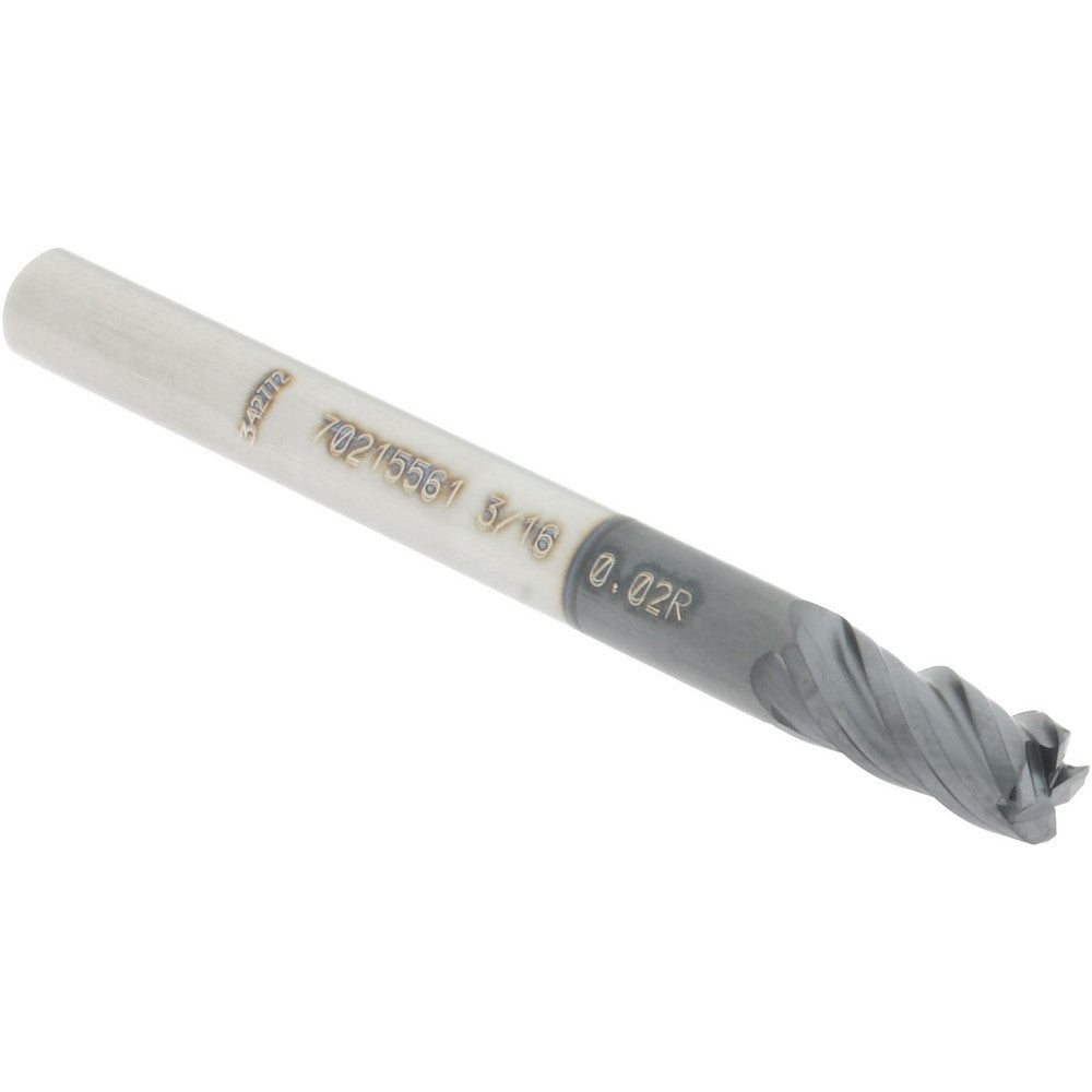 Accupro 70215561 Corner Radius End Mill 3/16" Dia, 3/8" LOC, 0.02" Radius, 4 Flutes, Solid Carbide