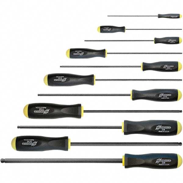 Bondhus 10737 Hex Driver Sets Ball End Yes Size Range (Inch) 5/64 - 3/8 Number of Pieces 11 Includes 5/64, 3/32, 7/64, 1/8, 9/64, 5/32, 3/16, 7/32, 1/4, 5/16, 3/8 in Screwdrivers Features Non-Slip Grip Number Of Pieces 11 Type Screwdriver Set Ball End H
