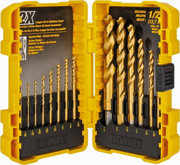 DeWALT DW1354 Drill Bit Set Jobber Length Drill Bits, 14 Pc, 0.0625" to 0.5000" Drill Bit Size, 0 deg, High-Speed Steel