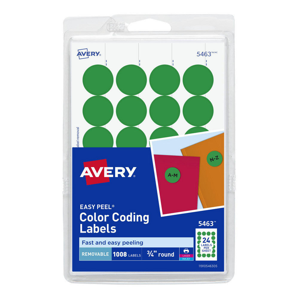 AVERY 05463 Label Maker Label Green, Paper, 3/4" OAL, 3/4" OAW, 1,008 per Roll