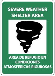 AccuformNMC M741PB Accident Prevention Sign Rectangle, "SEVERE WEATHER SHELTER AREA AREA DE REFUGIO EN CONDICIONES ATMOSFERICAS RIGUROSAS"