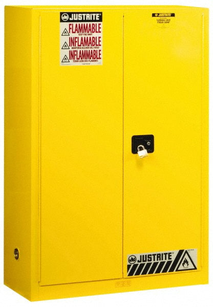 Justrite Mfg. Company 894500 Flammable & Hazardous Storage Cabinets 45 gal Drum, 2 Door, 2 Shelf, Manual Closing, Yellow