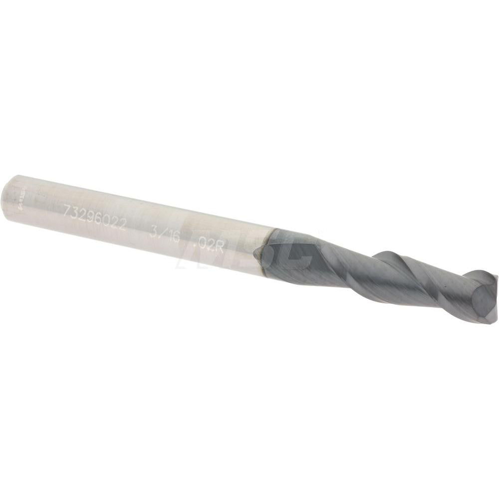 Accupro 73296022 Corner Radius End Mill 3/16" Dia, 5/8" LOC, 0.02" Radius, 2 Flutes, Solid Carbide