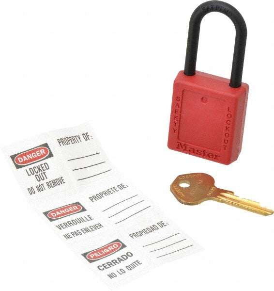 Master Lock 406RED Lockout Padlock Keyed Different, Key Retaining, Thermoplastic, Plastic Shackle, Red