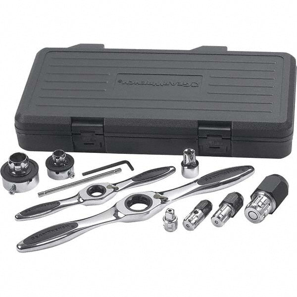 GEARWRENCH 82807 Tap Wrench Sets Minimum Tap Size #4 in M3 mm Maximum Tap Size 3/4 in M18 mm Handle Style T-Handle Ratcheting Yes Overall Length 16in Includes (2) Ratcheting T-Handles Blow Mold Case Die Adapters Tap Adapters