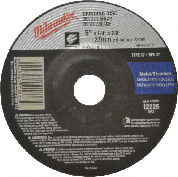 Milwaukee Tool 49-94-5020 Depressed Center Wheel Type 27, 5" Dia, Aluminum Oxide