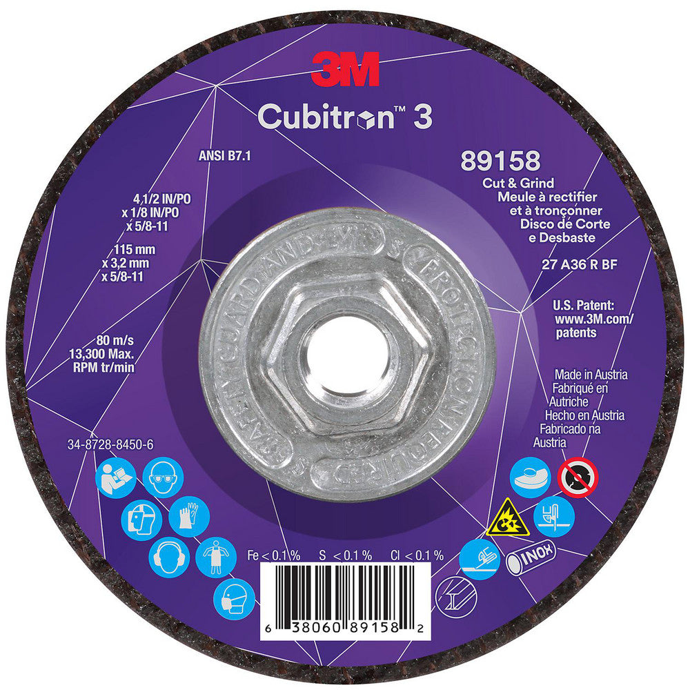 3M 7100313760 Depressed-Center Wheels Wheel Diameter (Inch) 4-1/2 Wheel Thickness (Inch) 1/8 Hole Thread Size 5/8-11 Wheel Type Type 27 Abrasive Material Precision Shaped Ceramic Grit 36
