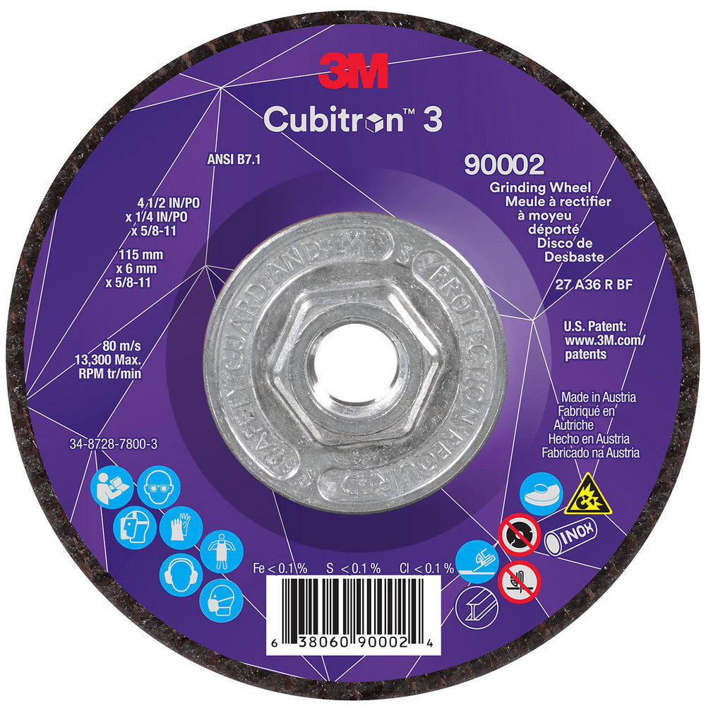3M 7100312968 Depressed-Center Wheels Wheel Diameter (Inch) 4-1/2 Wheel Thickness (Inch) 1/4 Hole Thread Size 5/8-11 Wheel Type Type 27 Abrasive Material Precision Shaped Ceramic Grit 36