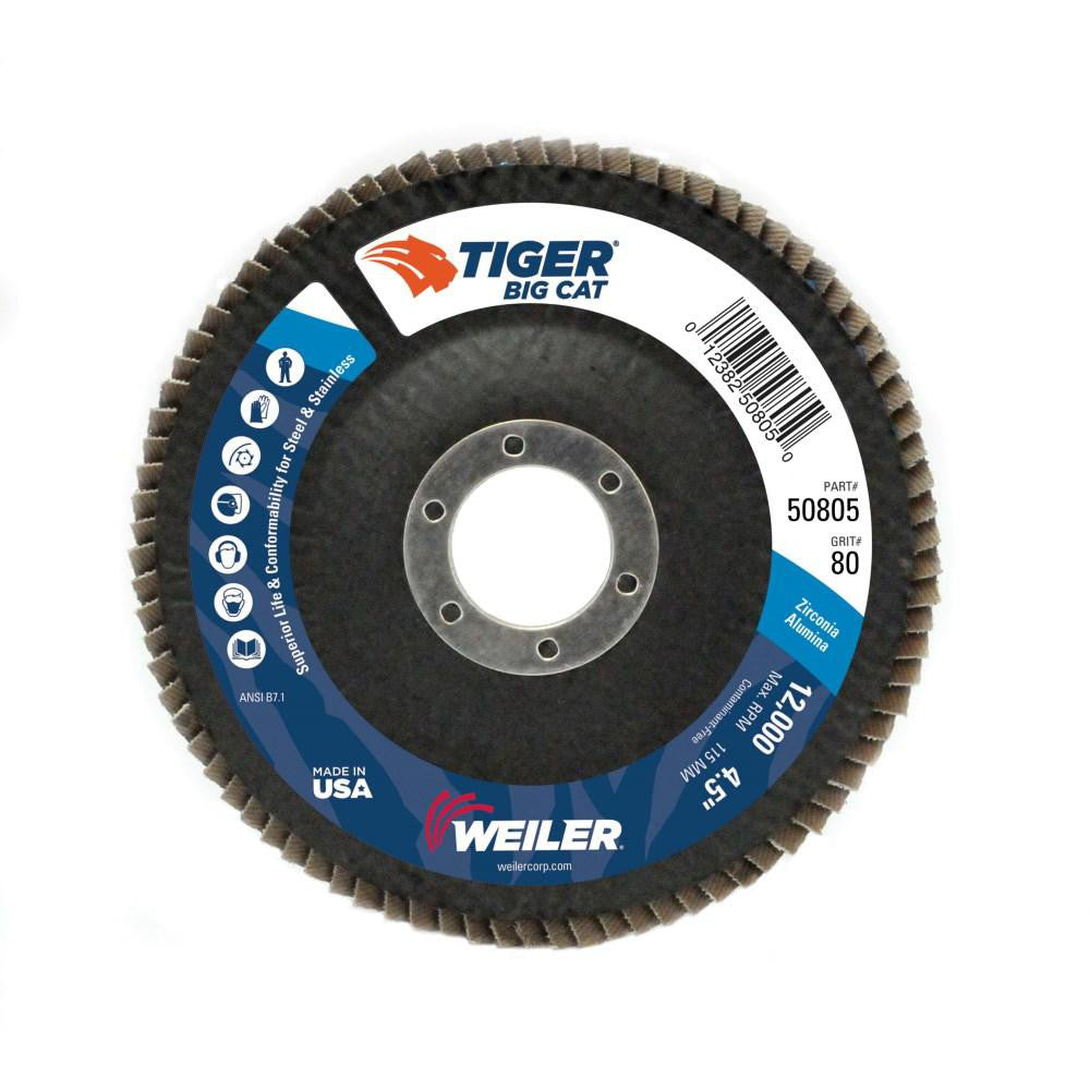 Weiler 50805 Flap Disc 4-1/2" Dia, 7/8" Hole, 80 Grit, Zirconia Alumina, Type 27