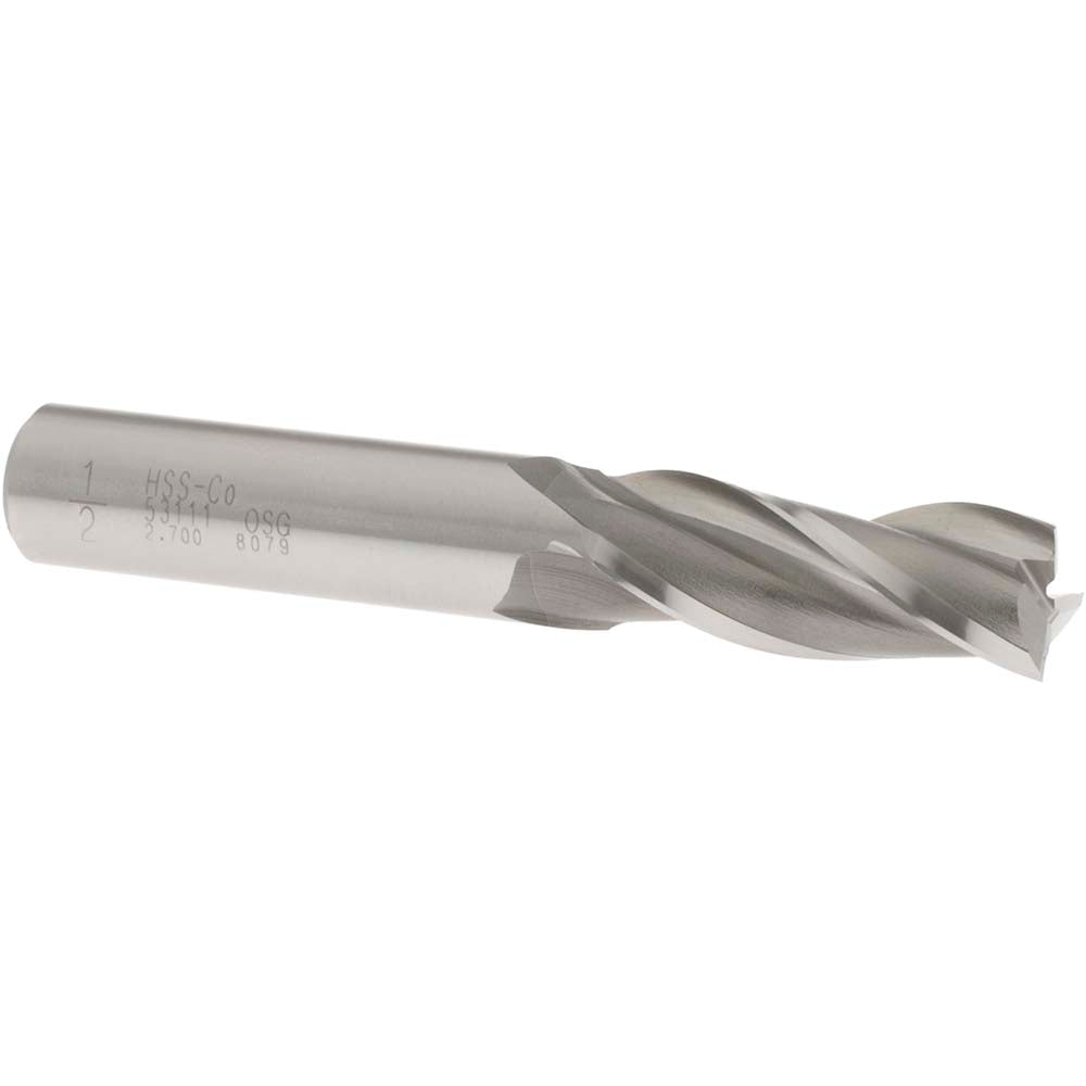 OSG 5311100 Square End Mill 1/2'' Dia, 1-1/4'' LOC, 1/2'' Shank Dia, 3-1/4'' OAL, 3 Flutes, Cobalt