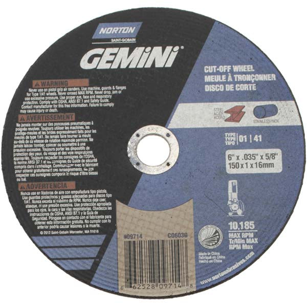 Norton 66252809714 Cutoff Wheel 6" Dia, 0.035" Thick, 5/8" Hole, Aluminum Oxide