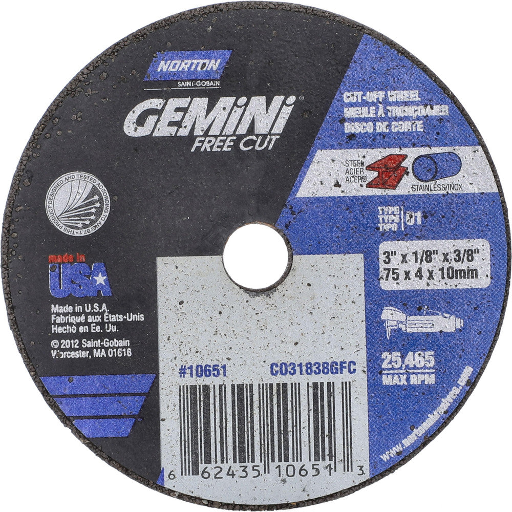 Norton 66243510651 Cut-Off Wheel 3" Dia, 1/8" Thick, 3/8" Hole, Aluminum Oxide