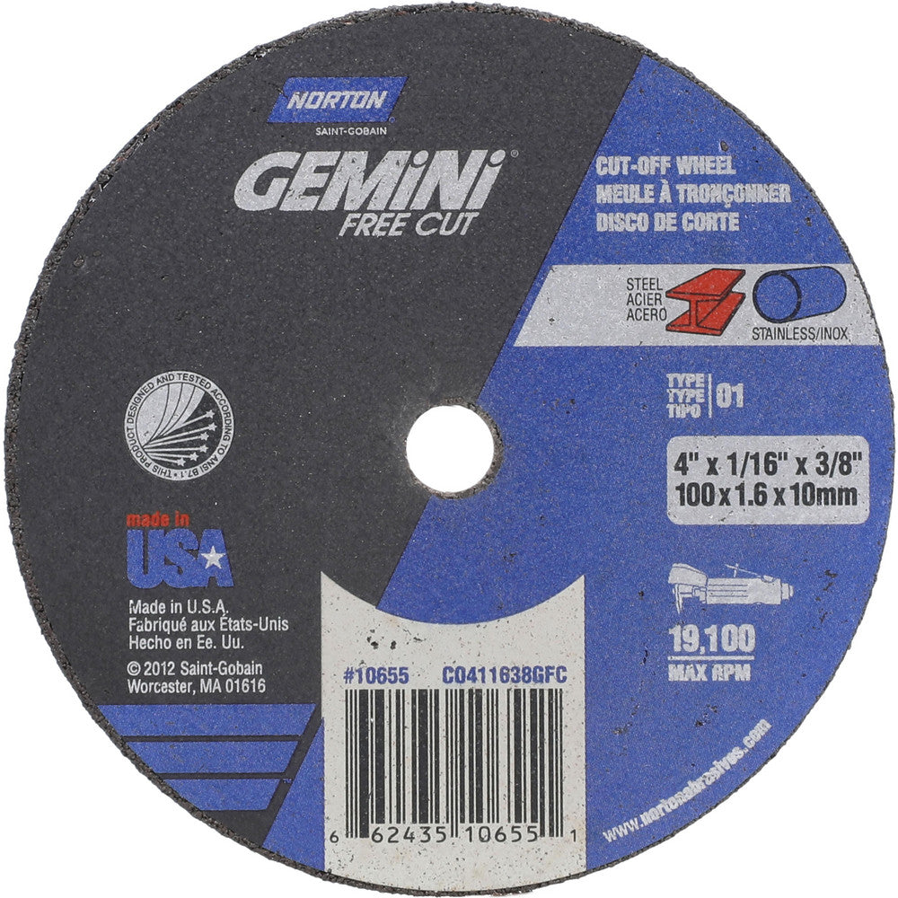 Norton 66243510655 Cut-Off Wheel 4" Dia, 1/16" Thick, 3/8" Hole, Aluminum Oxide