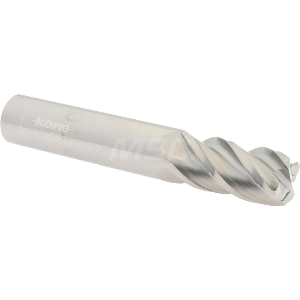 Accupro 75931873 Corner Radius End Mill 1/2" Dia, 1" LOC, 0.09" Radius, 4 Flutes, Solid Carbide