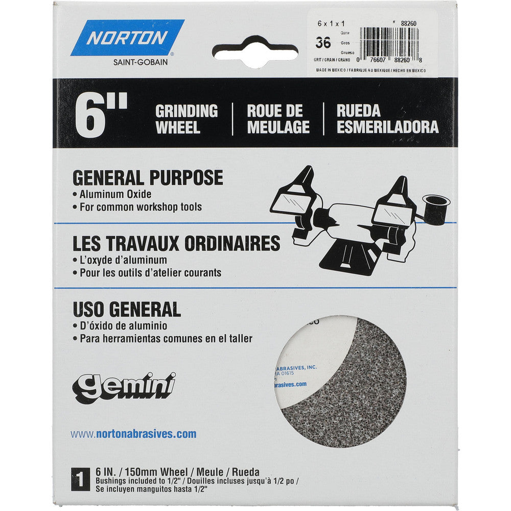 Norton 07660788260 Bench & Pedestal Grinding Wheel 6" Dia, 1" Thick, 1" Hole Dia, Aluminum Oxide