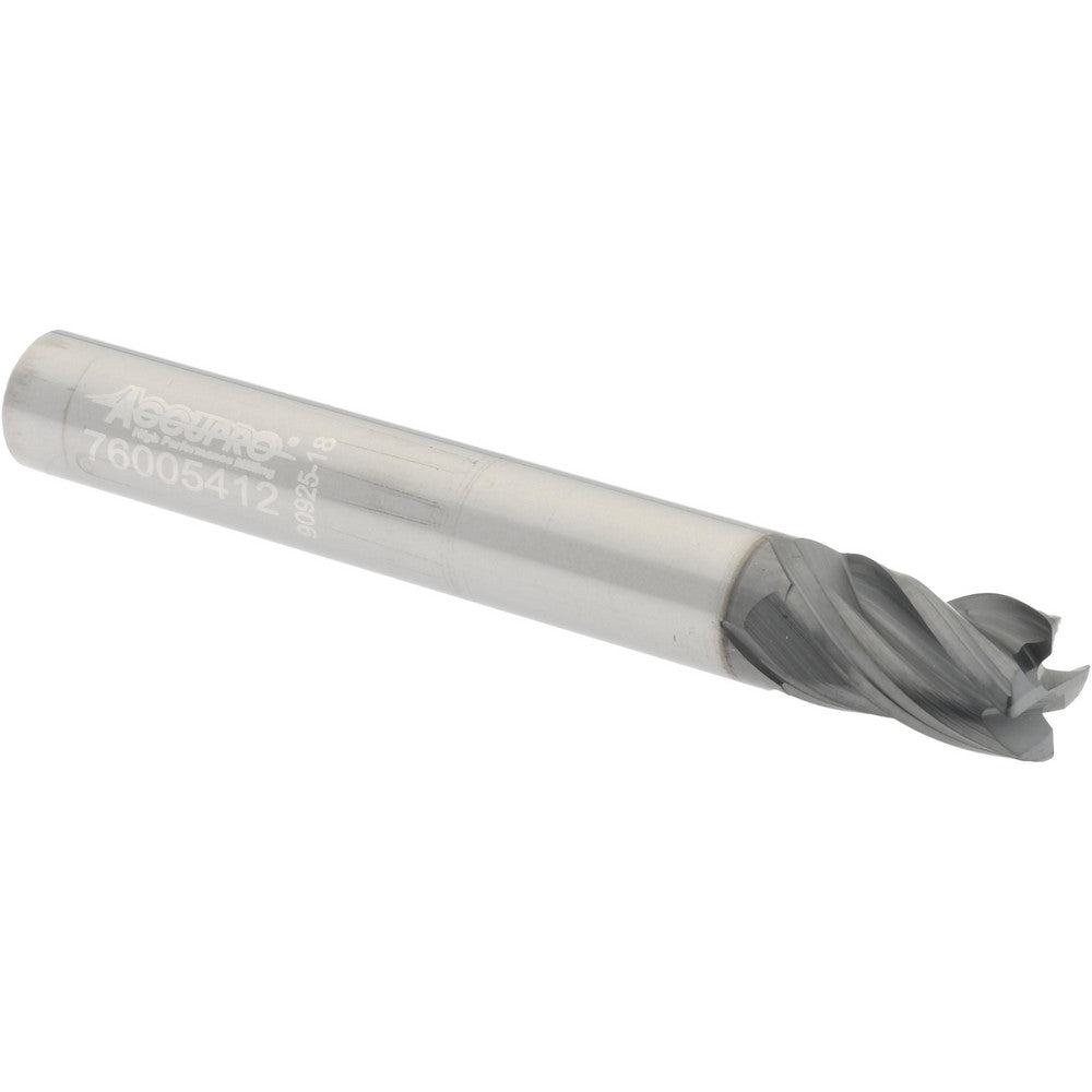 Accupro 95168281 Corner Radius End Mill 1/4" Dia, 3/8" LOC, 0.0150" Radius, 4 Flute, Solid Carbide